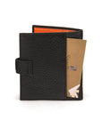 Compact leather billfold wallet with tab, black with orange, back