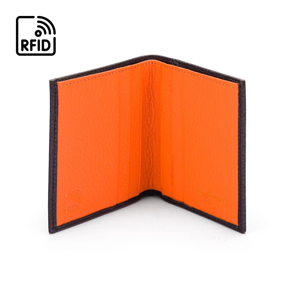 RFID leather wallet with 4 CC, black with orange, inside view