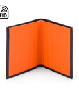 RFID leather wallet with 4 CC, black with orange, inside view