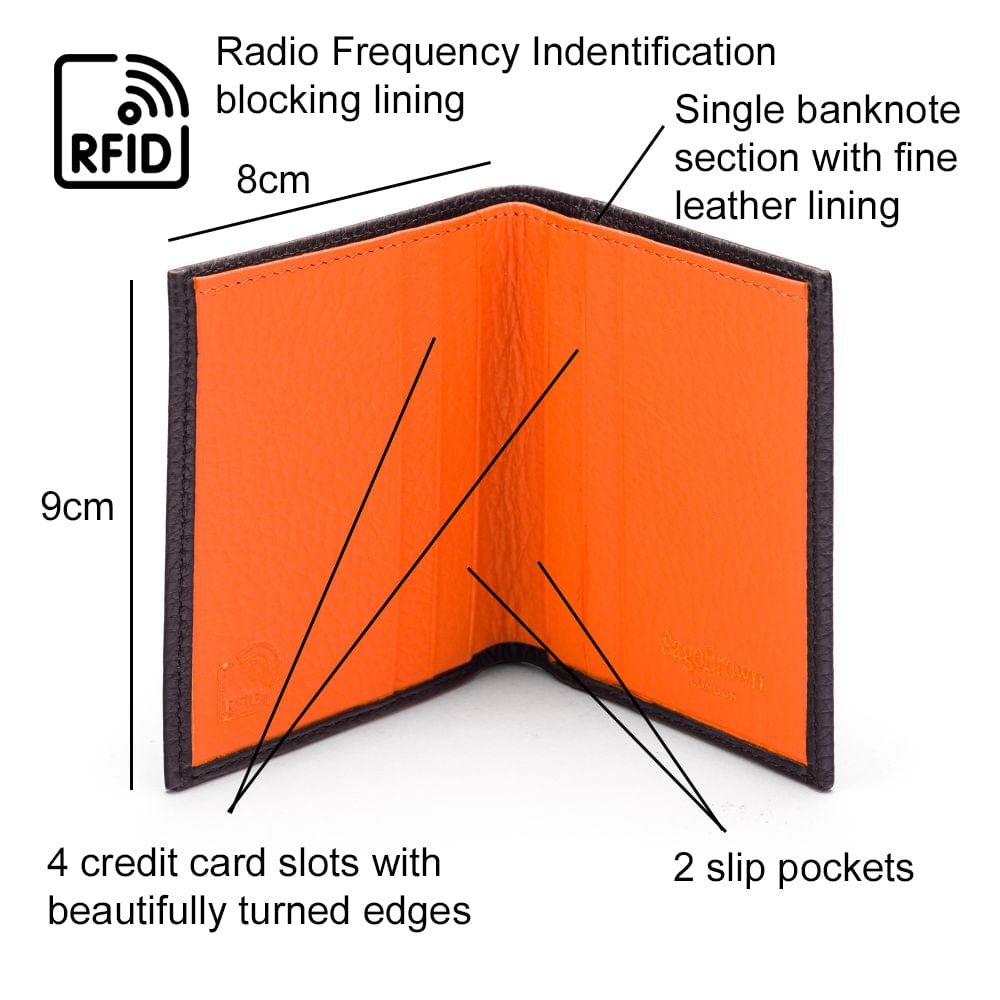 RFID leather wallet with 4 CC, black with orange, features