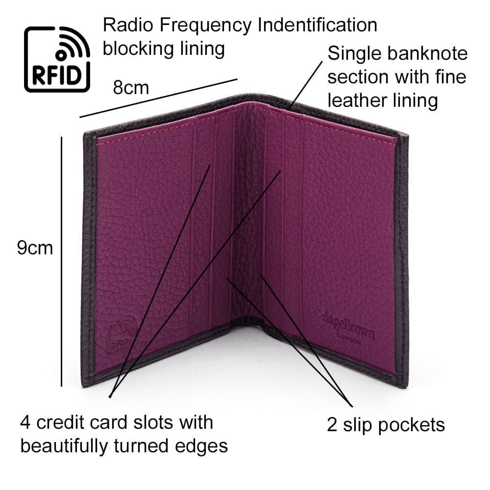 RFID leather wallet with 4 CC, black with purple, features