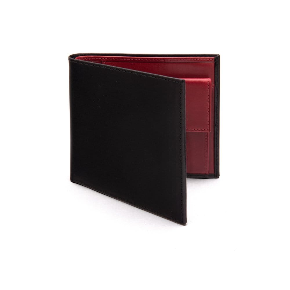 Leather wallet with coin purse, black with red, front