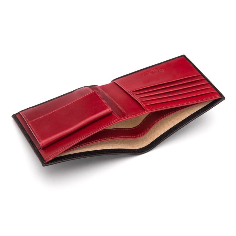 Leather wallet with coin purse, black with red, inside