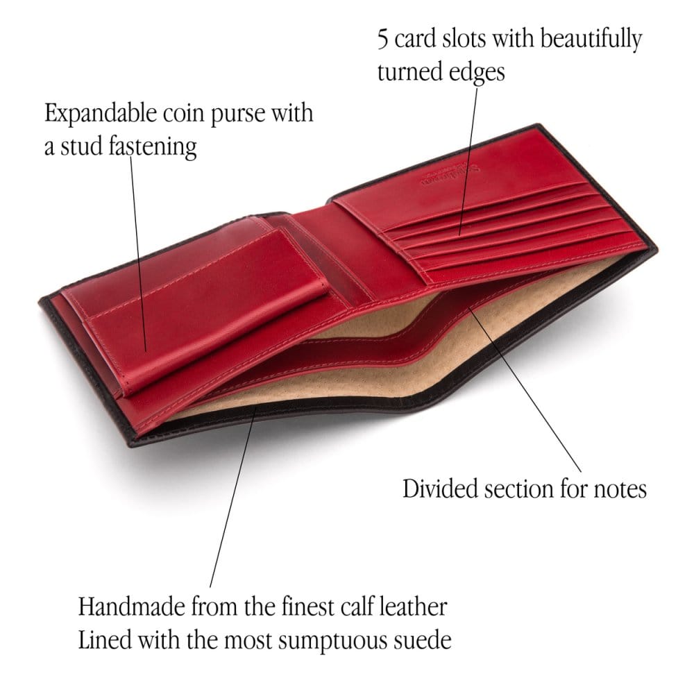 Leather wallet with coin purse, black with red, features