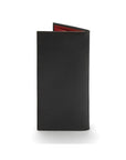 Tall leather wallet with 8 card slots, black with red, back