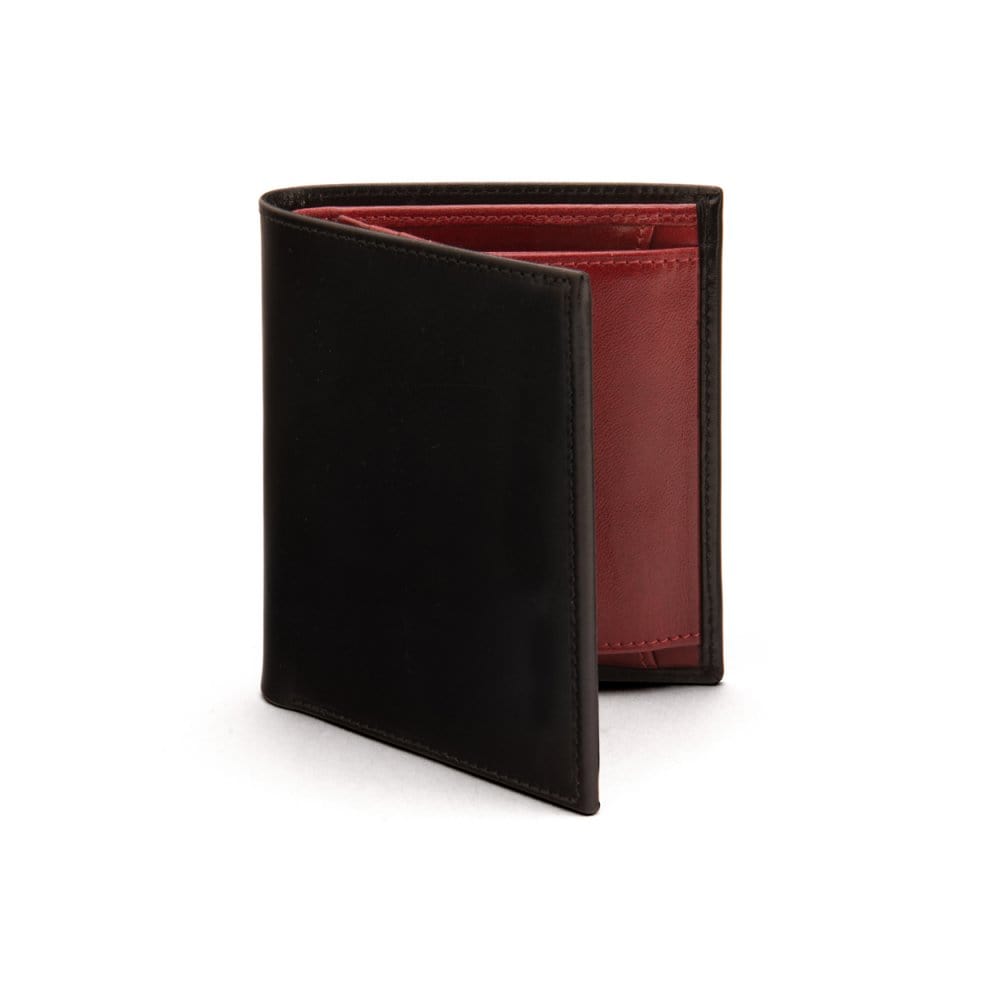 Leather wallet with coin purse, black with red, front