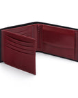 Leather coin wallet, black with red, open