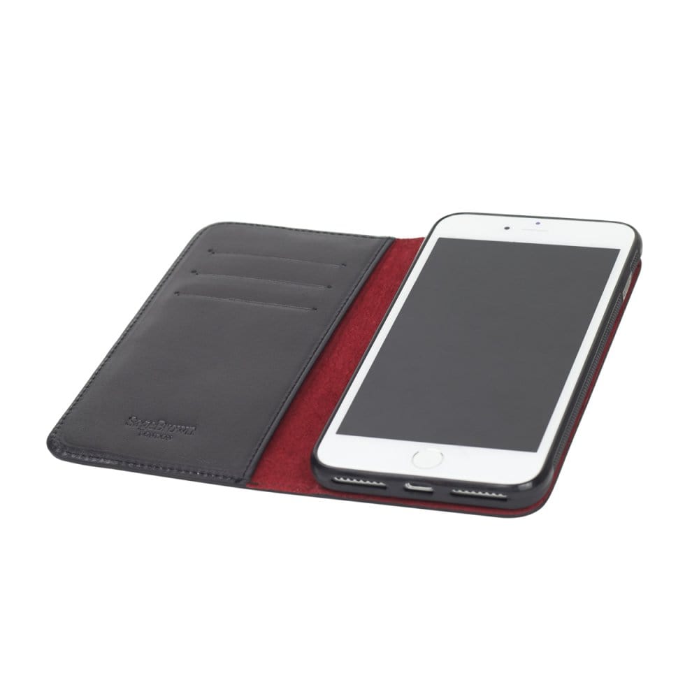 Leather iPhone 7 Plus and 8  Plus wallet case, black with red, inside