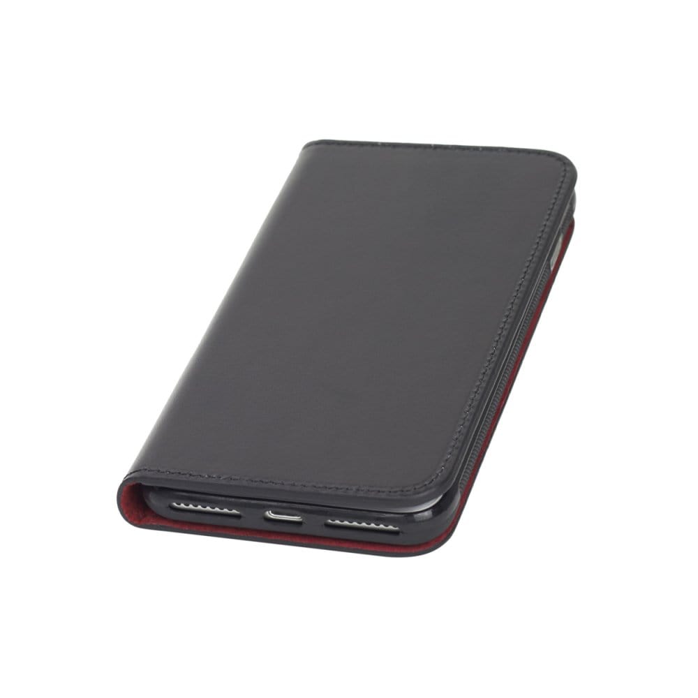 Leather iPhone 7 Plus and 8  Plus wallet case, black with red, front