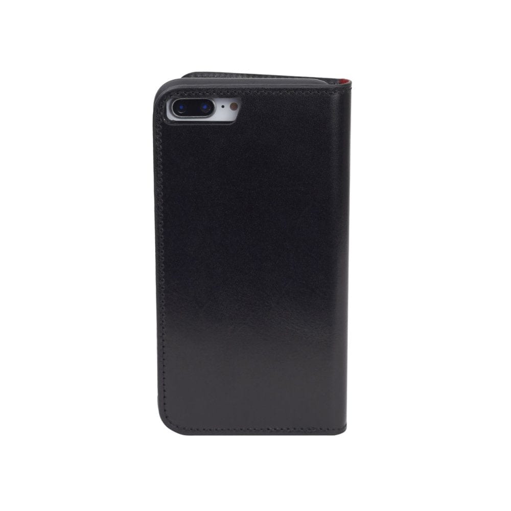 Leather iPhone 7 Plus and 8  Plus wallet case, black with red, back