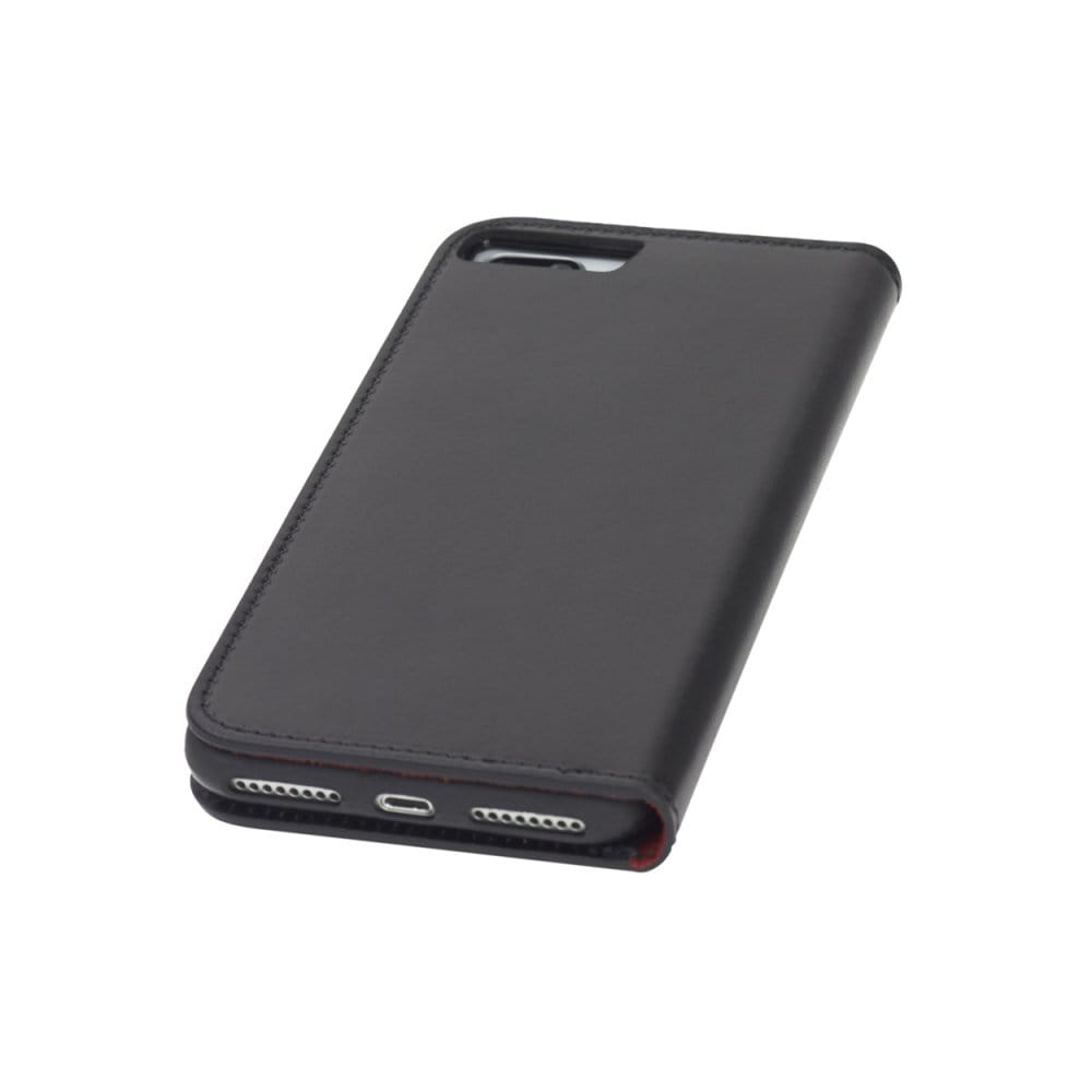 Leather iPhone 7 Plus and 8  Plus wallet case, black with red bottom