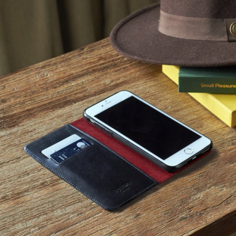 Leather iPhone 7 Plus and 8  Plus wallet case, black with red, lifestyle