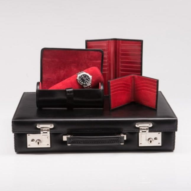 Large leather watch roll, black with red, lifestyle