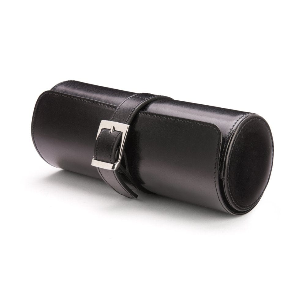 Large leather watch roll, black with red, front