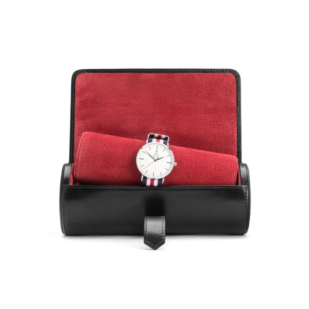 Large leather watch roll, black with red, open