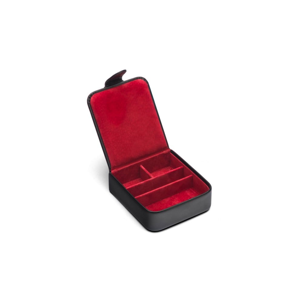 Leather accessory box, black with red, inside