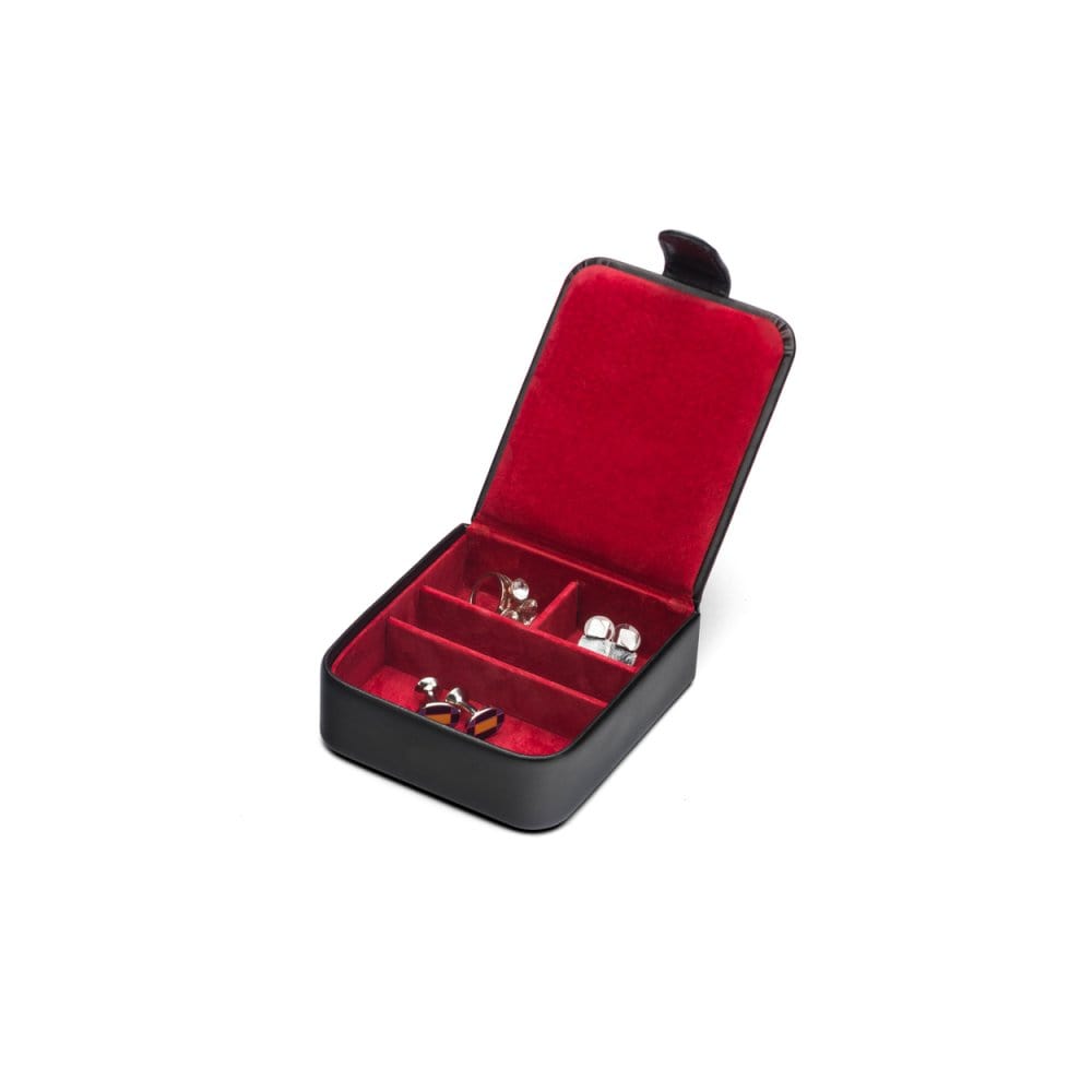 Leather accessory box, black with red, open