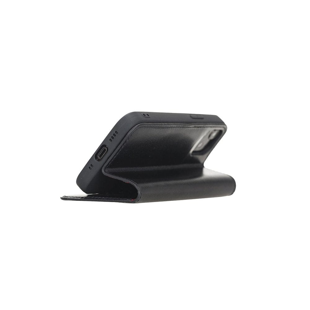 Leather iPhone 12 mini wallet case, black with red, back