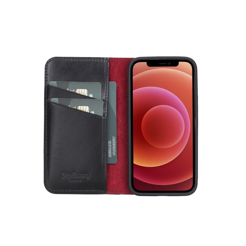 Leather iPhone 12 mini wallet case, black with red, open