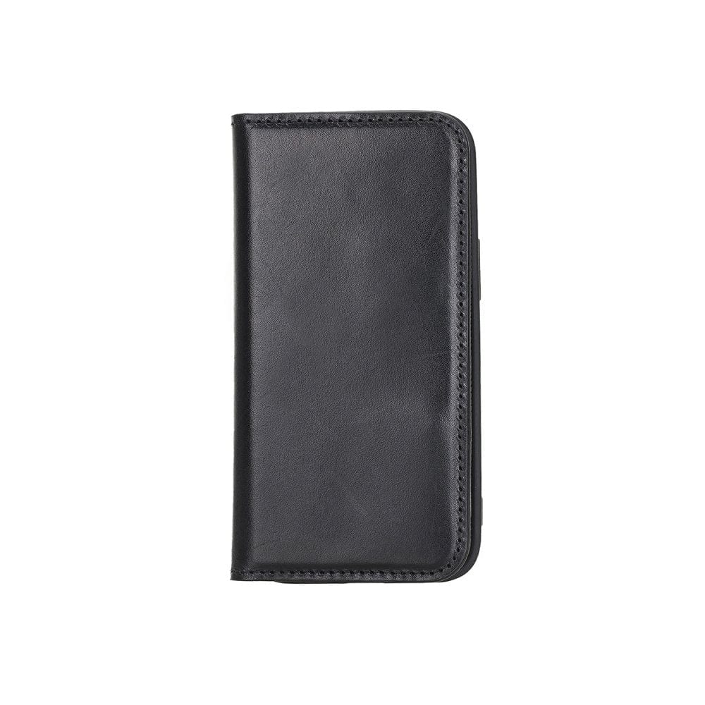 Leather iPhone 12 mini wallet case, black with red, front