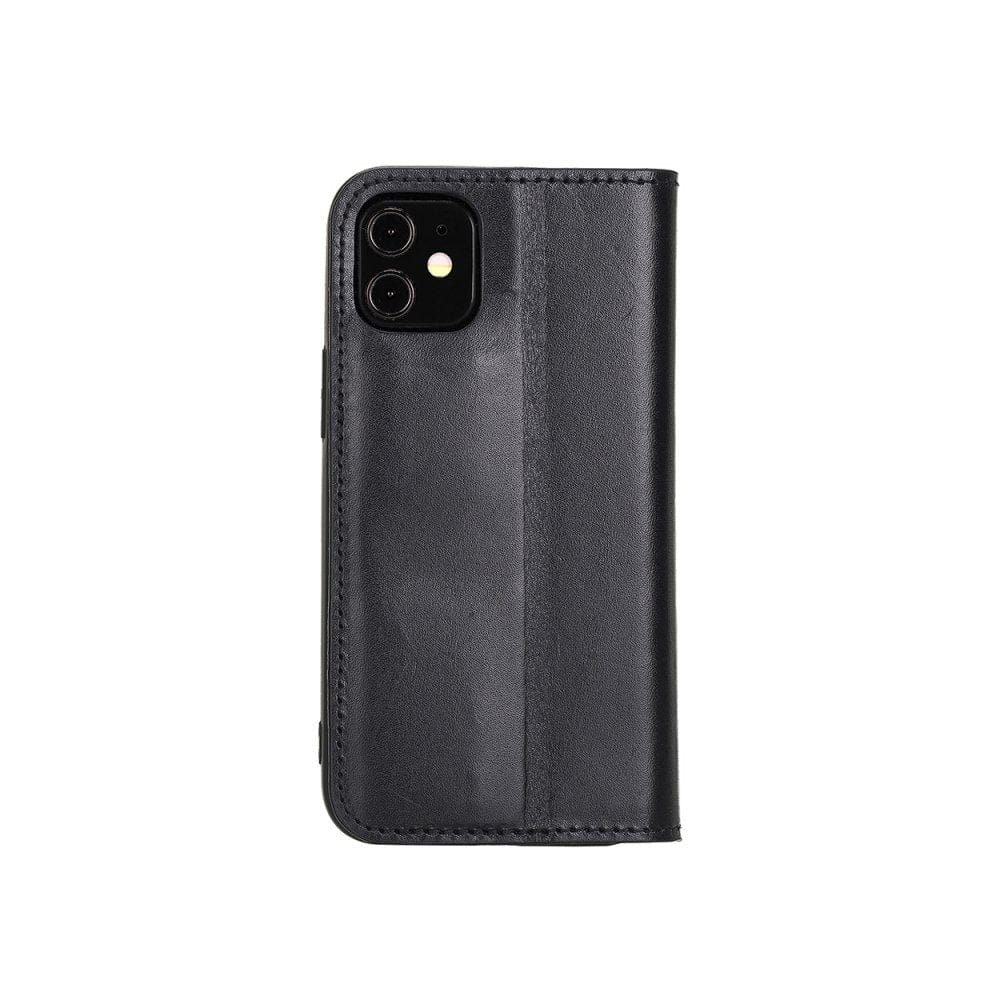 Leather iPhone 12 mini wallet case, black with red, back view