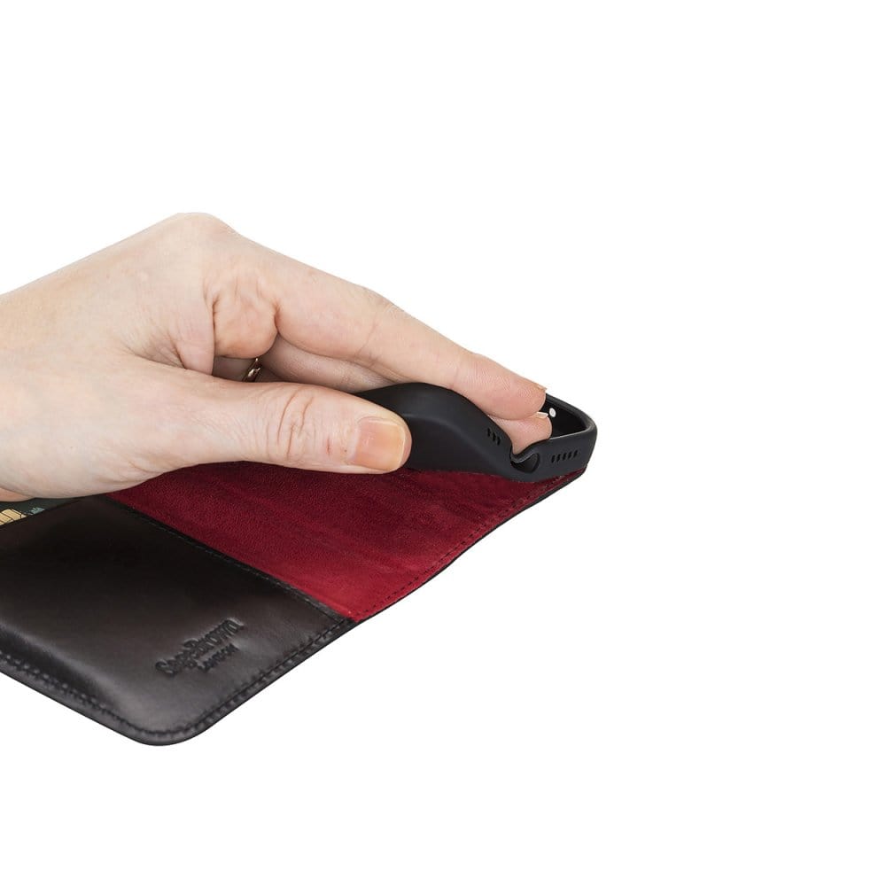 Leather iPhone 12 mini wallet case, black with red