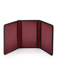 Leather tri-fold travel card holder, black with red, open