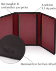Leather tri-fold travel card holder, black with red, features