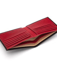 Men's leather billfold wallet, black with red, inside
