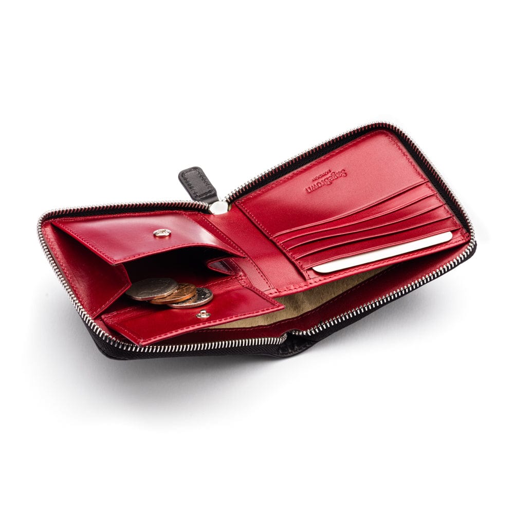 Men's leather zip wallet with coin purse, black with red, inside