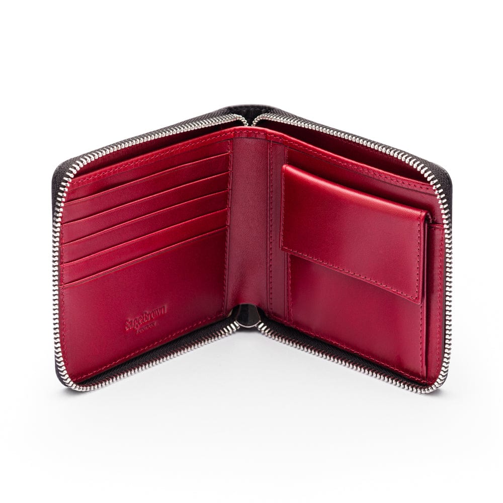 Men's leather zip wallet with coin purse, black with red, open