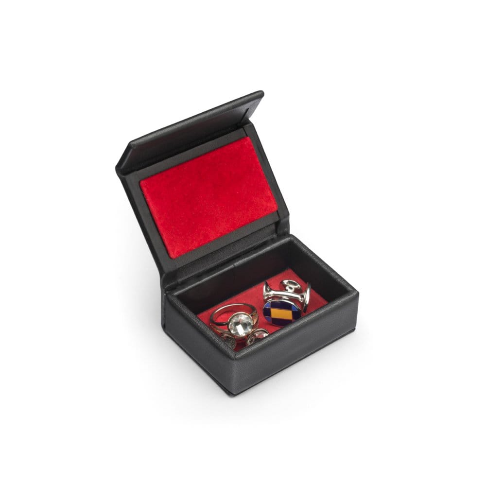 Mini leather accessory box, black with red, inside