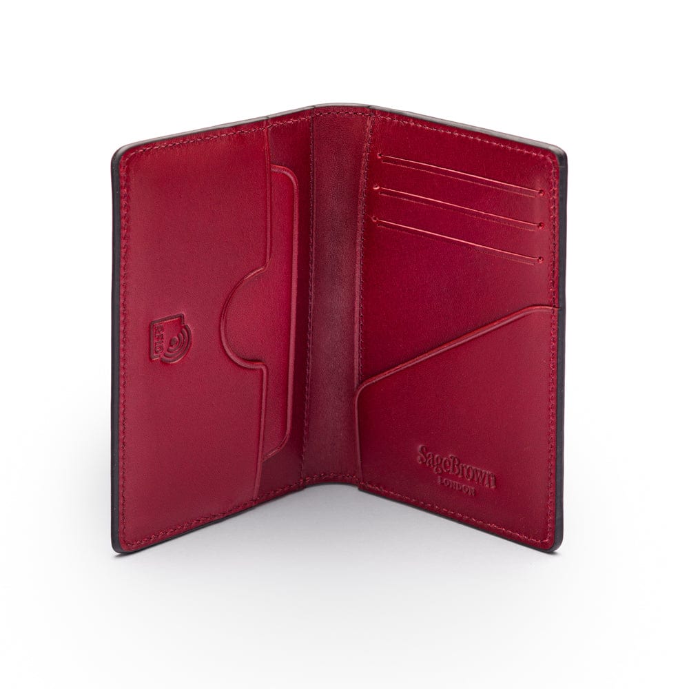 Leather card holder with RFID protection, black with red, open