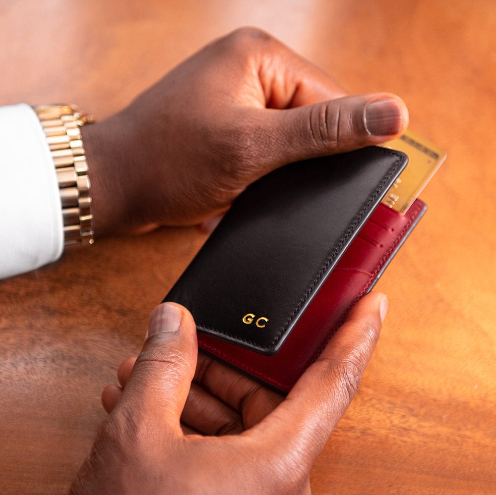 Leather card holder with RFID protection, black with red, personalised