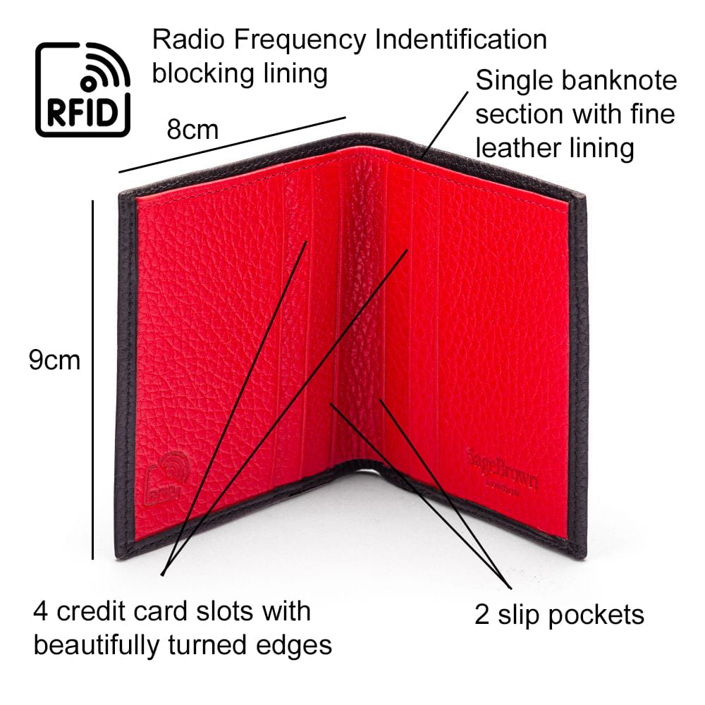 RFID leather wallet with 4 CC, black with red, features
