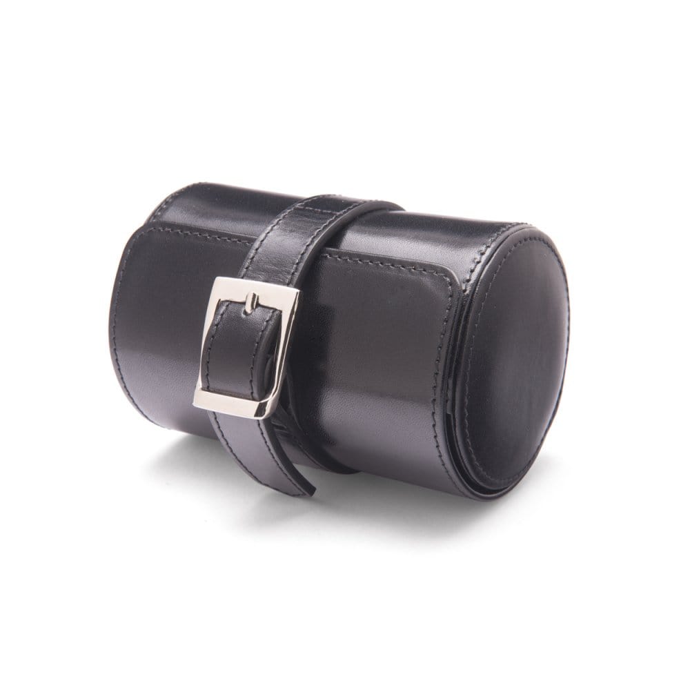 Small leather watch roll, black with red, front