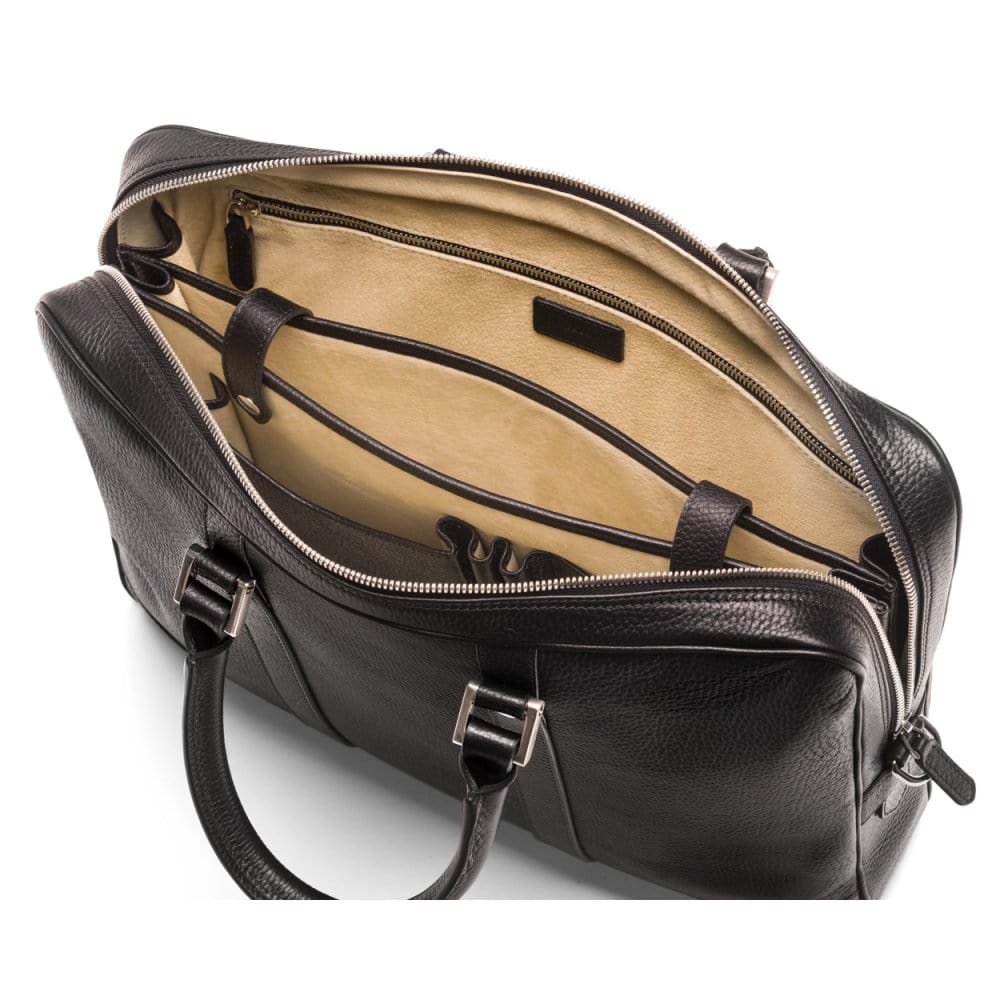 15" leather laptop bag, black pebble grain, open