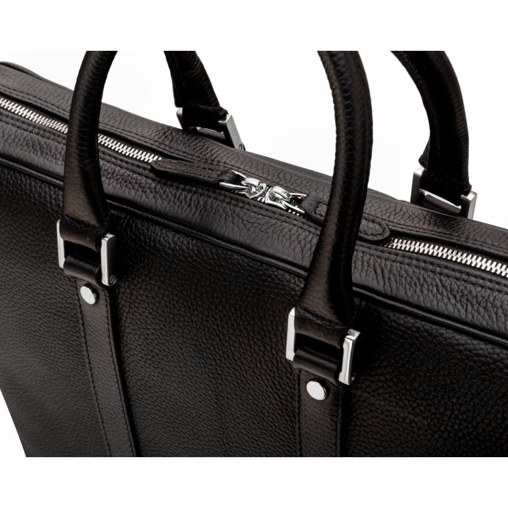 15" leather laptop bag, black pebble grain, with silver zips
