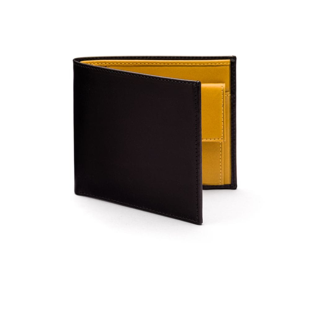Leather wallet with coin purse, black with yellow, front