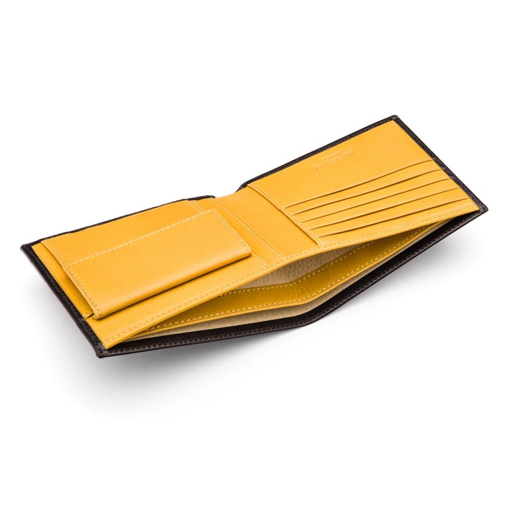 Leather wallet with coin purse, black with yellow, inside