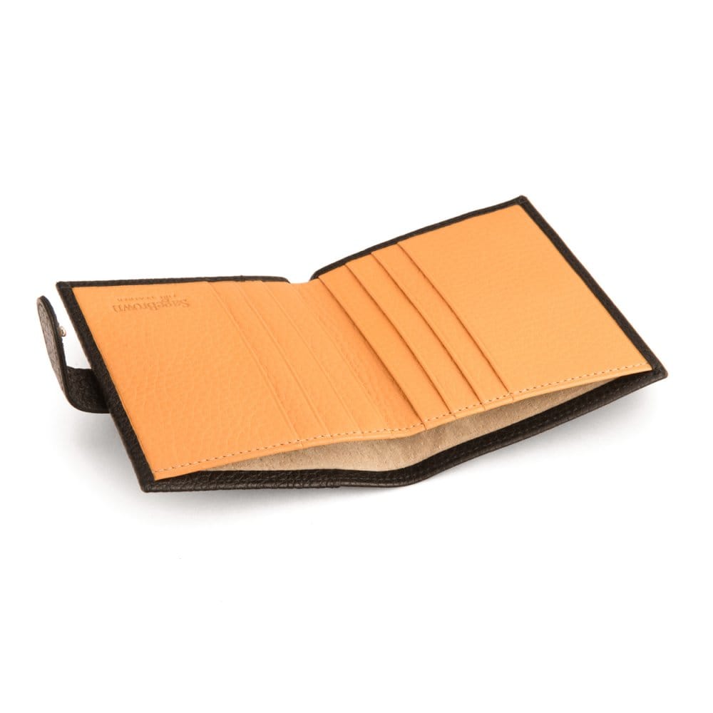 Compact leather billfold wallet with tab, black with yellow, inside