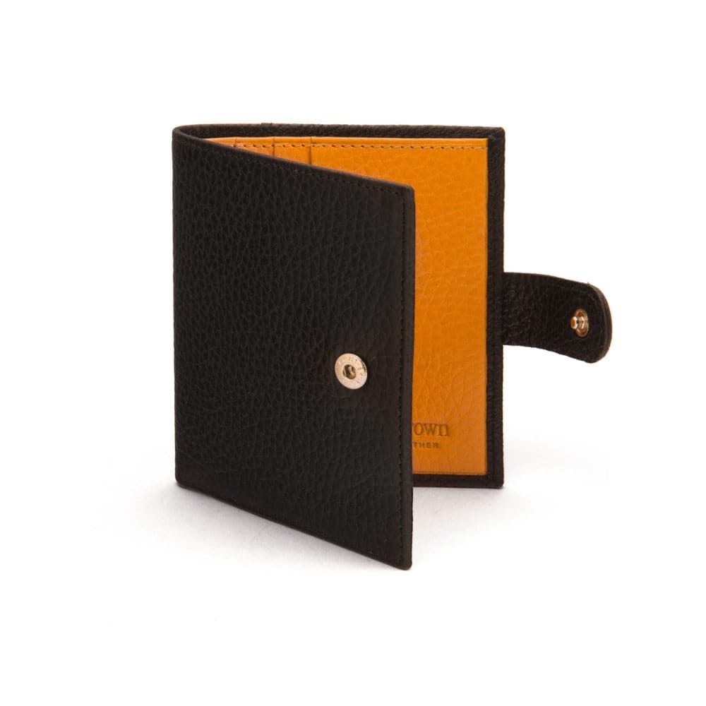 Compact leather billfold wallet with tab, black with yellow, front