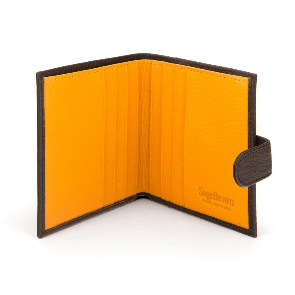 Compact leather billfold wallet with tab, black with yellow, open