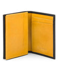 Expandable leather business card case, black with yellow, open