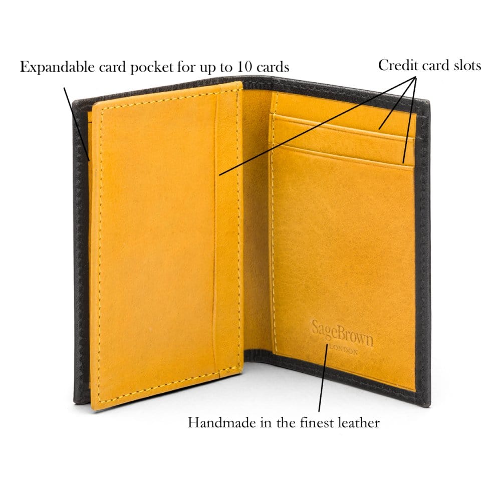 Expandable leather business card case, black with yellow, features