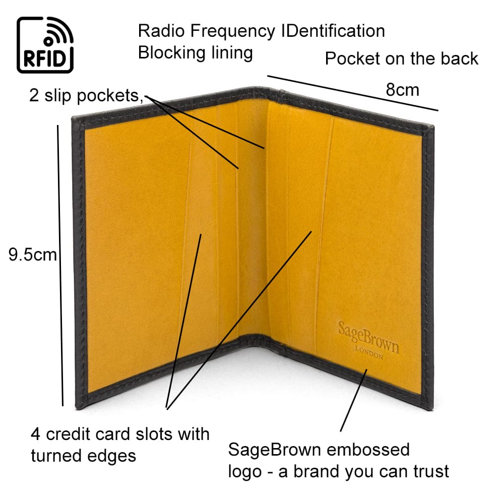 RFID leather credit card holder, black with yellow, features