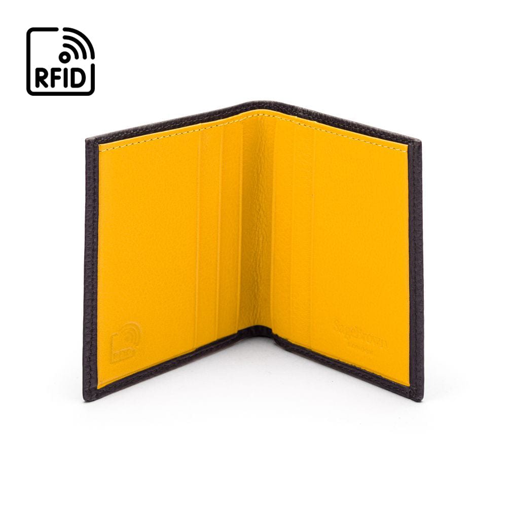 RFID leather wallet with 4 CC, black with yellow, open