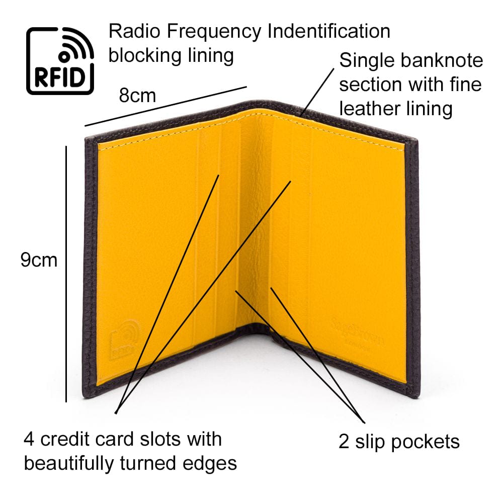 RFID leather wallet with 4 CC, black with yellow, features