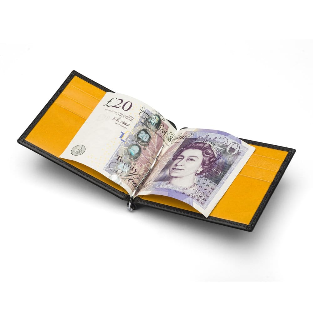 Black With Yellow Compact Leather Wallet With Money Clip