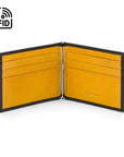 Leather money clip wallet, black with yellow, open view